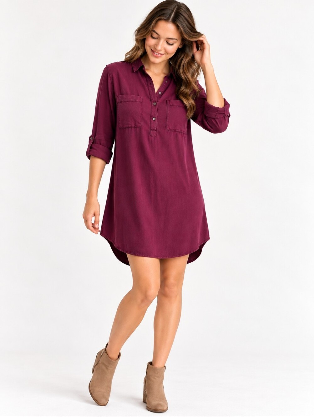 SO Burgundy Shirt Dress Plum Button Front Roll Tab Sleeve Juniors Soft M